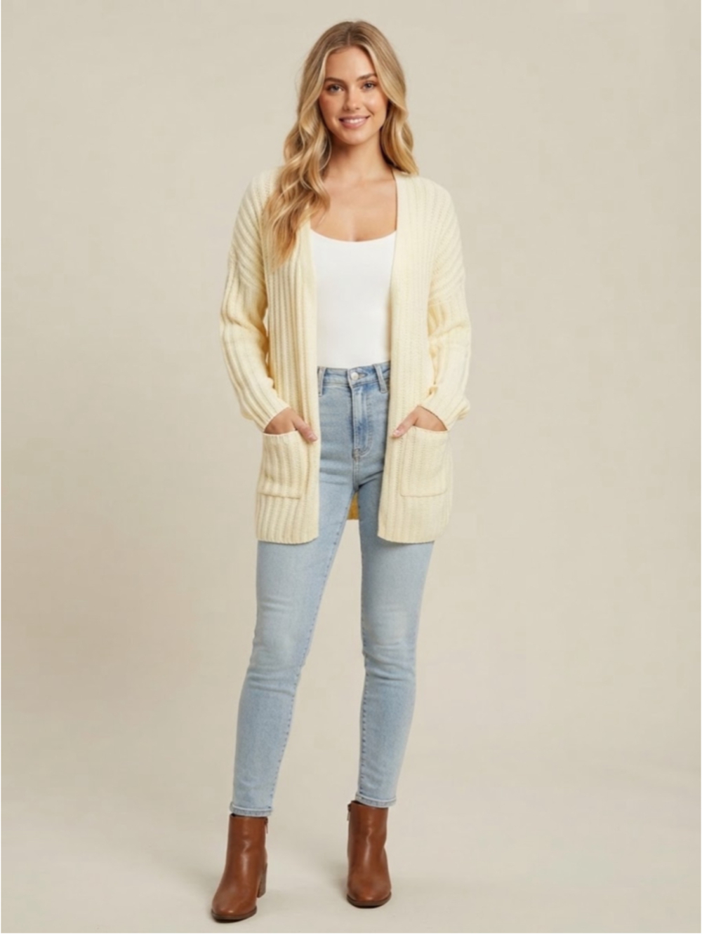 Women's Lulus Cream Ribbed Knit Open Front Cardigan Size M